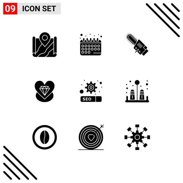 Modern Set Solid Glyphs Fogaskerék Szív Menetrend Szerelem Vezeték Nélküli — Stock Vector