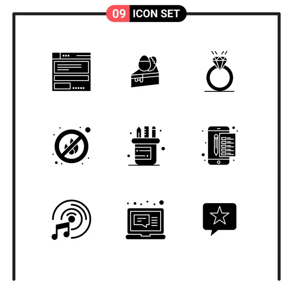 9つの創造的なソリッドグリフのパックペン リング いいえ 愛編集可能なベクトルデザイン要素 — ストックベクタ