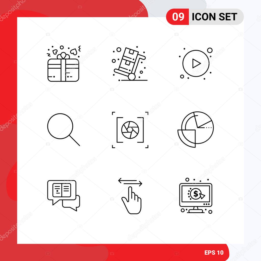 Stock Vector Icon Pack of 9 Line Signs and Symbols for aperture, ui, trolley, basic, search Editable Vector Design Elements
