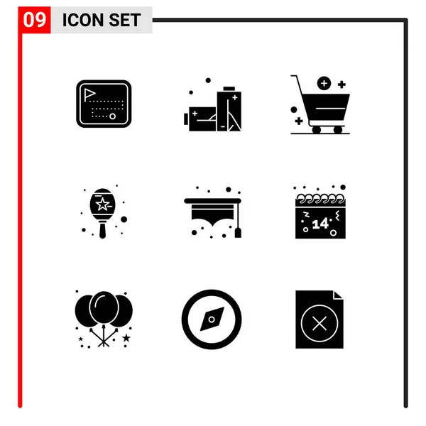 Mobile Interface Solid Glyph Set Pictograms Student Hat Buy Music - Stok Vektor