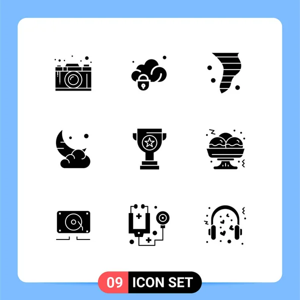 Modern Set Solid Glyphs Pictograph Cloud Cresent Secure Moon Weather — Stock Vector