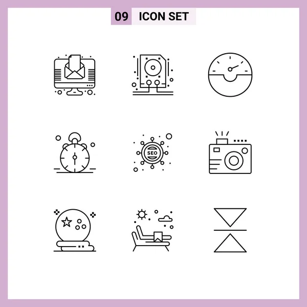 Pictogram Set Simple Outlines Optimization Alert Dash Bell Clock Editable — Stock Vector