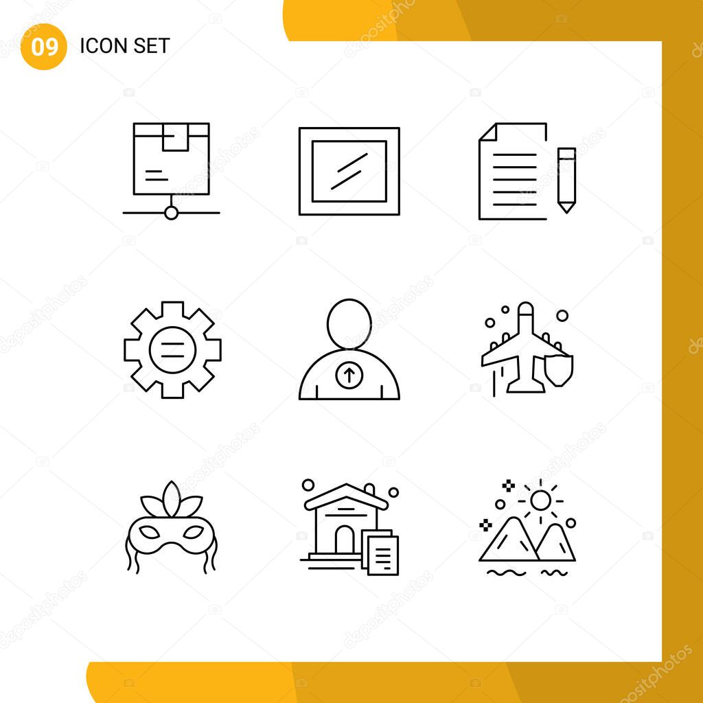 Group of 9 Outlines Signs and Symbols for up, gear, document, setting, world Editable Vector Design Elements