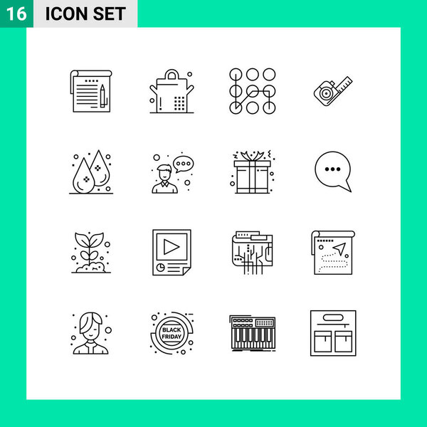 Mobile Interface Outline Set of 16 Pictograms of water+, humidity, secure, drop, tape Editable Vector Design Elements