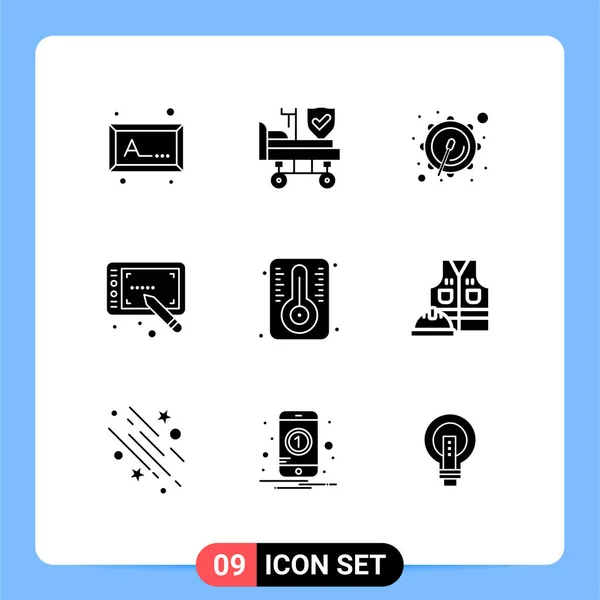 Universal Solid Glyphs Set Web Mobile Applications Jacket Thermometer Drum — Stock Vector