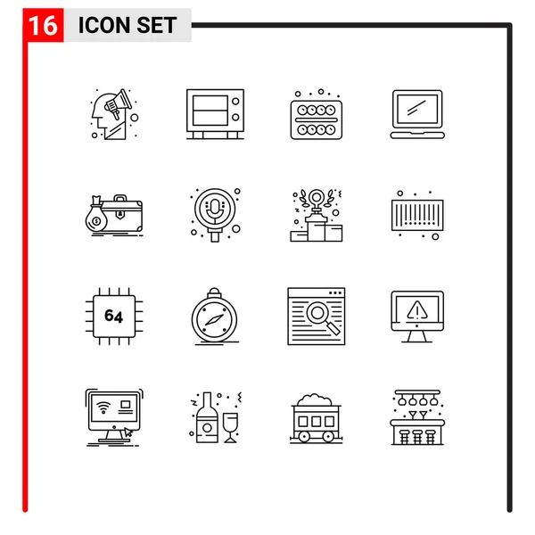 一套16个简单的业务 笔记本电脑 Imac 监视可编辑向量设计元素概述 — 图库矢量图片