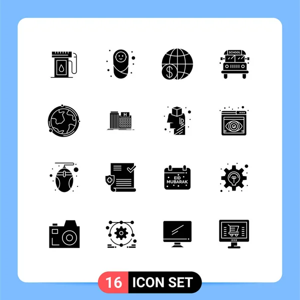 Modern Set Solid Glyphs Pictograph Globe Közlekedés Pénzügy Iskola Világszerte — Stock Vector