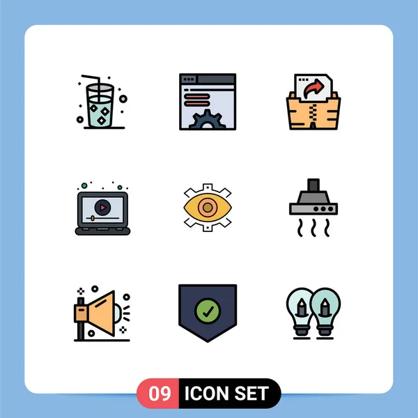 9ユーザーインターフェイスファイルラインフラットカラー生産 ファイル ビデオ マーケティングの現代的な記号とシンボルのパック編集可能なベクトルデザイン要素 — ストックベクタ