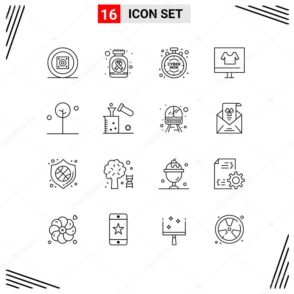 16 User Interface Outline Pack of modern Signs and Symbols of forest, ecommerce, cyber, e, apparel Editable Vector Design Elements
