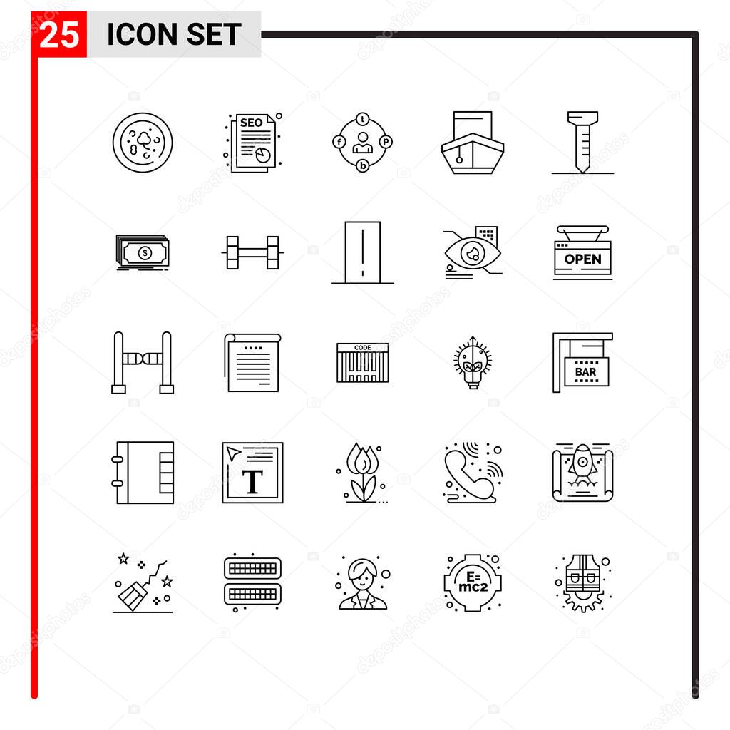 Group of 25 Lines Signs and Symbols for spike, vehicles, distractions, transportation, filled Editable Vector Design Elements