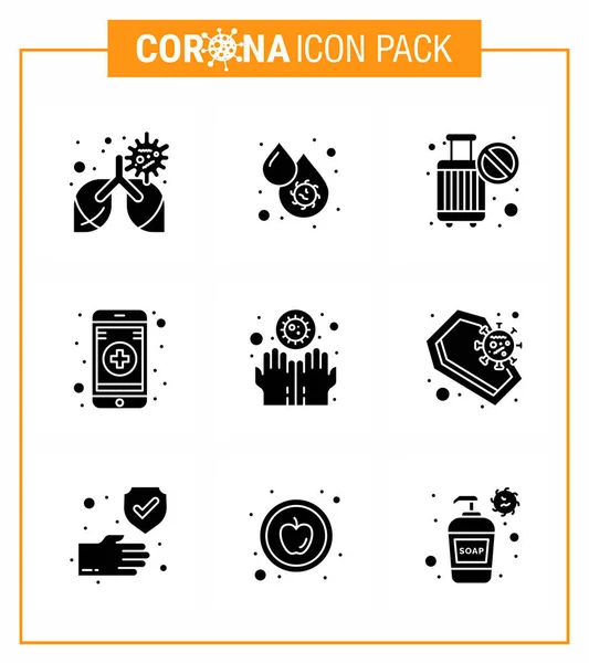 corona virus prevention. covid19 tips to avoid injury 9 Solid Glyph Black icon for presentation  disease, mobile app, platelets, online, stop viral coronavirus 2019-nov disease Vector Design Elements