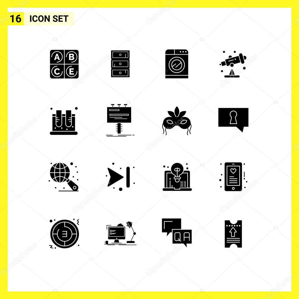 Pack of 16 Modern Solid Glyphs Signs and Symbols for Web Print Media such as science, jar, technology, chemistry, school Editable Vector Design Elements