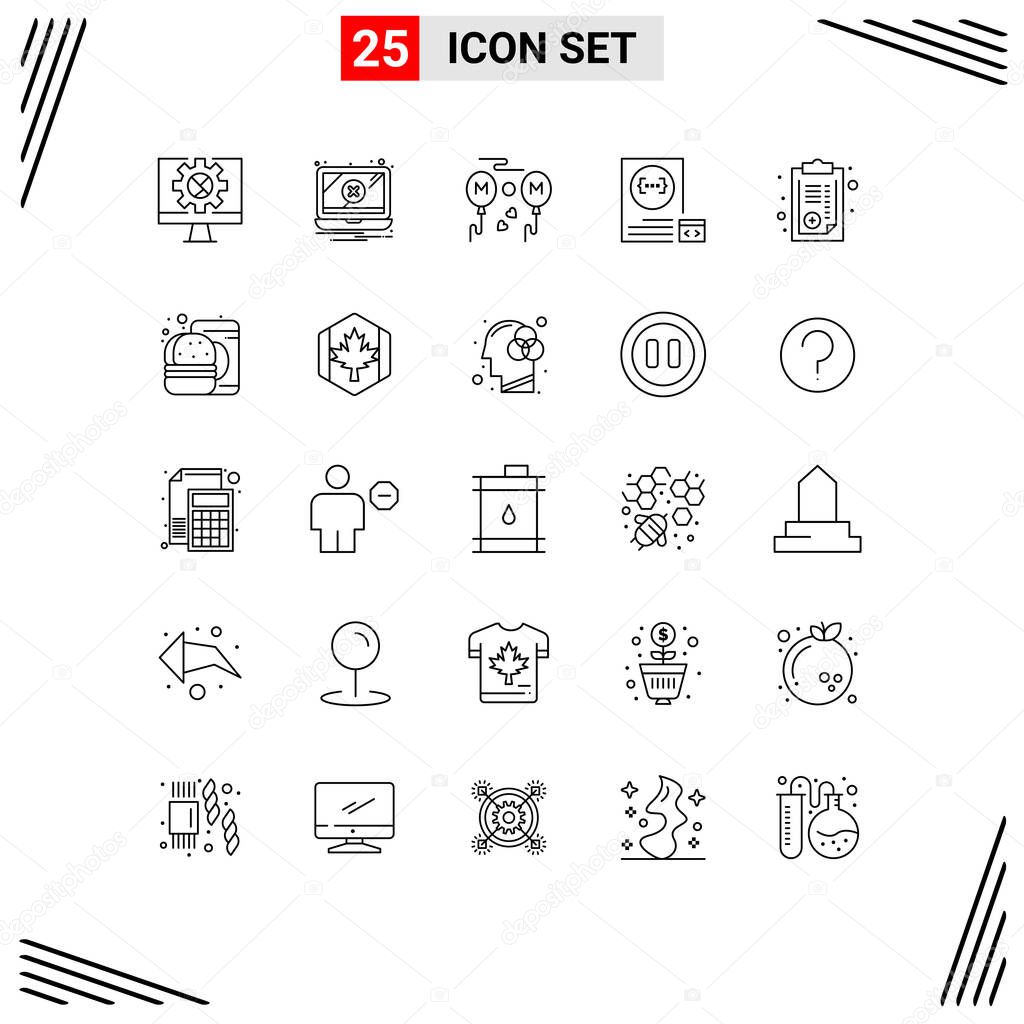 Mobile Interface Line Set of 25 Pictograms of document, development, balloons, develop, app Editable Vector Design Elements