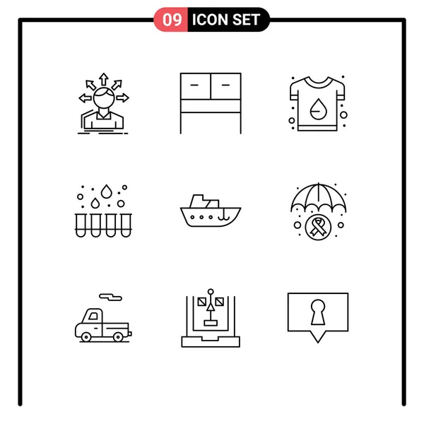 Pictogram Set Van Eenvoudige Contouren Van Boot Laboratorium Merk Experiment — Stockvector