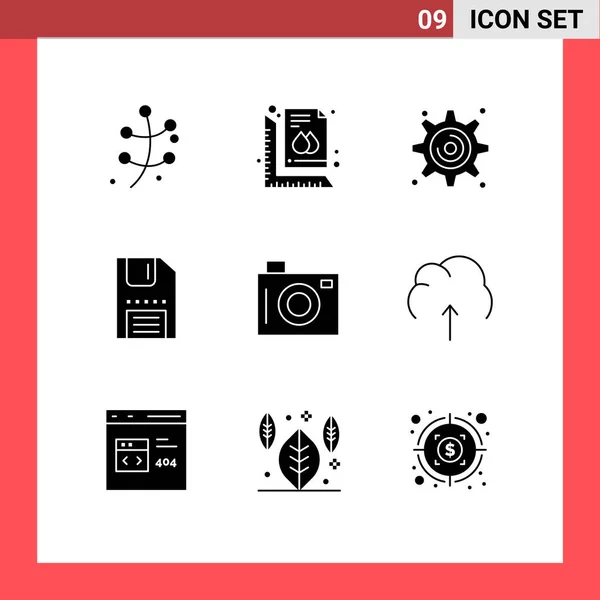 Universal Solid Glyphs Set Web Mobile Applications Camera Interface Document — Stock Vector