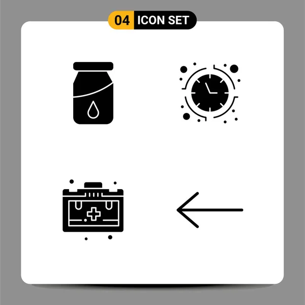 Pictogram ボトル モチベーション 時間の4つのシンプルなソリッドグリフのセット編集可能なベクトルデザイン要素 — ストックベクタ