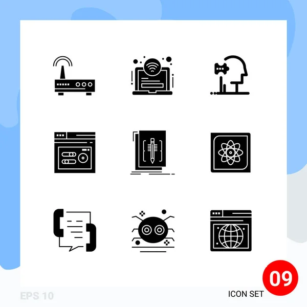 Modern Set Solid Glyphs Szerkesztés Piktográf Web Pszichiátria Seo Kulcsszó — Stock Vector