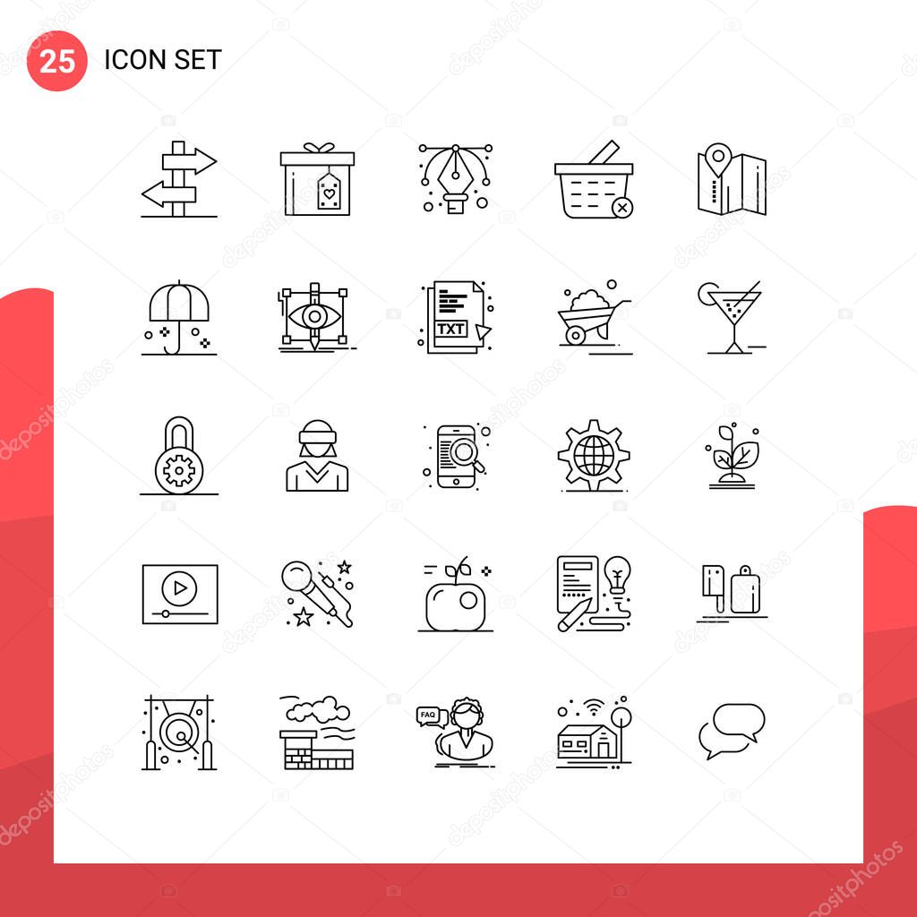 25 Thematic Vector Lines and Editable Symbols of insurance, pin, graphic, map, shopping Editable Vector Design Elements