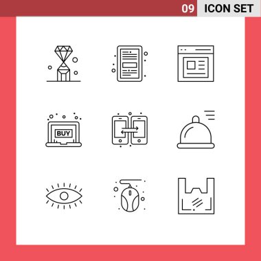 Piktogram 9 basit eshop satışı, alımı, dosyası, dizüstü bilgisayarı, arayüzü düzenlenebilir vektör tasarım elementleri seti