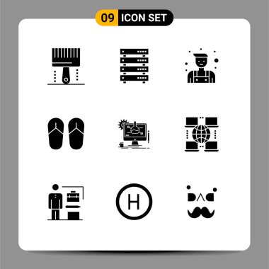 Deney, sandalet, depolama, ayak, tamirci, düzenleyici vektör tasarım elementlerinden oluşan 9 Temel Kullanıcı Arayüzü Paketi