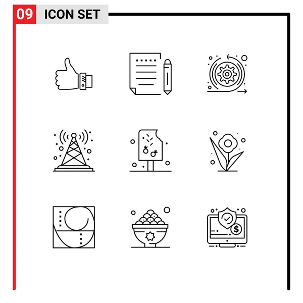 アンテナ スクラムなどのWebプリントメディアのための9つの現代的なアウトライン記号とシンボルのパック編集可能なベクトルデザイン要素 — ストックベクタ