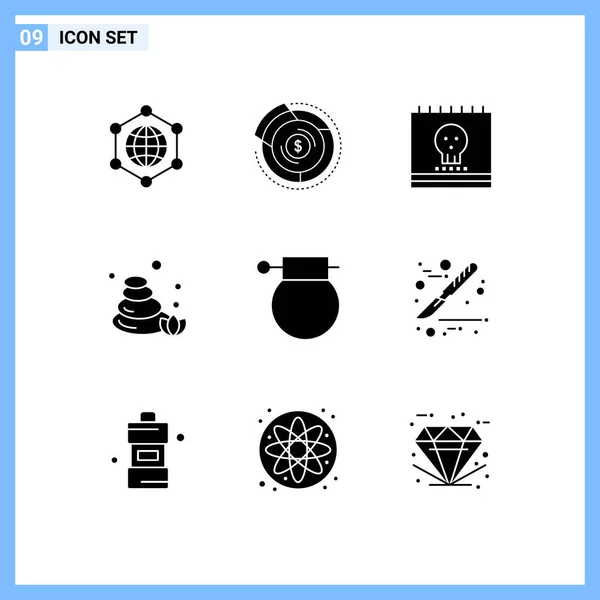 Set Commercial Solid Glyphs Pack Bomb Nature Calendar Sauna Holidays — Stock Vector