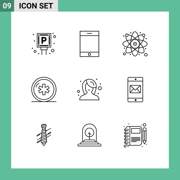 Universal Icon Symbols Group Modern Outlines Female Medicine Atom Medical — Stockový vektor