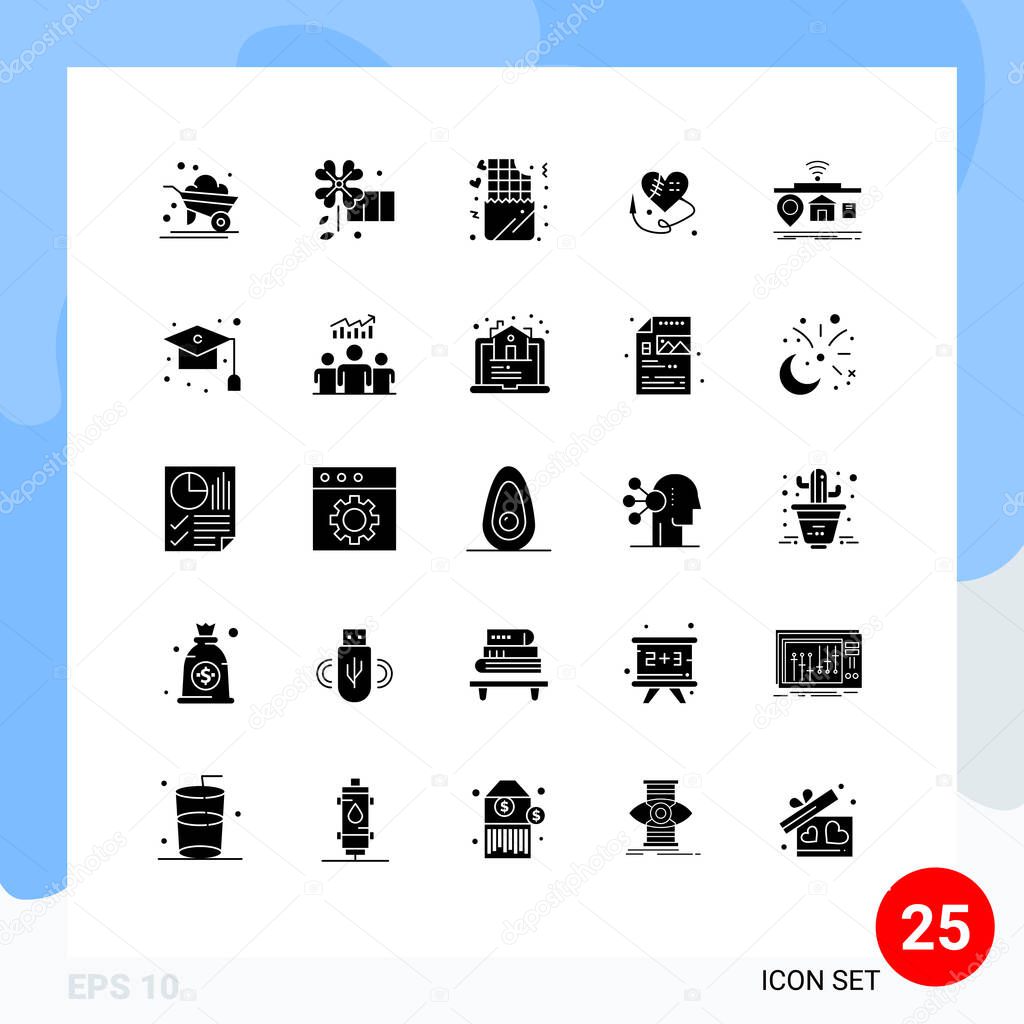 Mobile Interface Solid Glyph Set of 25 Pictograms of of, gadgets, lifestyle, iot, broken heart Editable Vector Design Elements