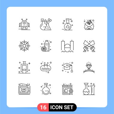 16 Tematik Vektör Taslağı ve Gemi tekerleği, tekne, matara, e-posta pazarlama, reklam için düzenlenebilir vektör tasarım elementleri