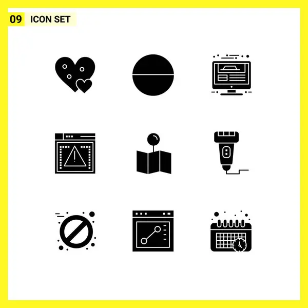 Modern Set Solid Glyphs Symbols Map Error Web Page Codiing — Stock Vector