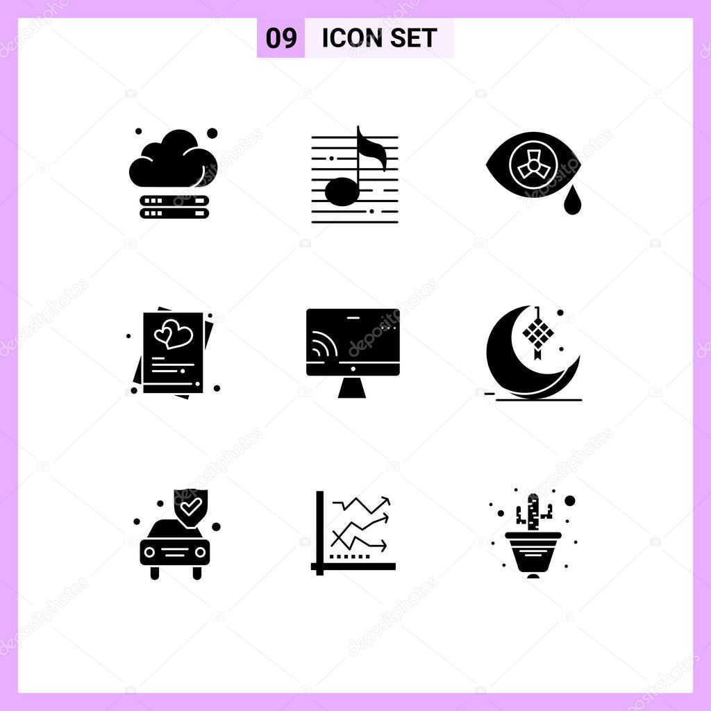 Solid Glyph Pack of 9 Universal Symbols of screen, marry, media, love, heart Editable Vector Design Elements