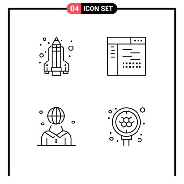 Web siteleri için 4 Satır konsepti Mobil ve Apps kalem roketi, insan, kod, sayfa, yönetim düzenlenebilir vektör tasarım elementleri