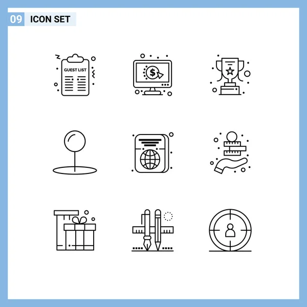 Set Modern Icons Symbols Signs Ticket Achievement Passport Pin Editable — Stock Vector