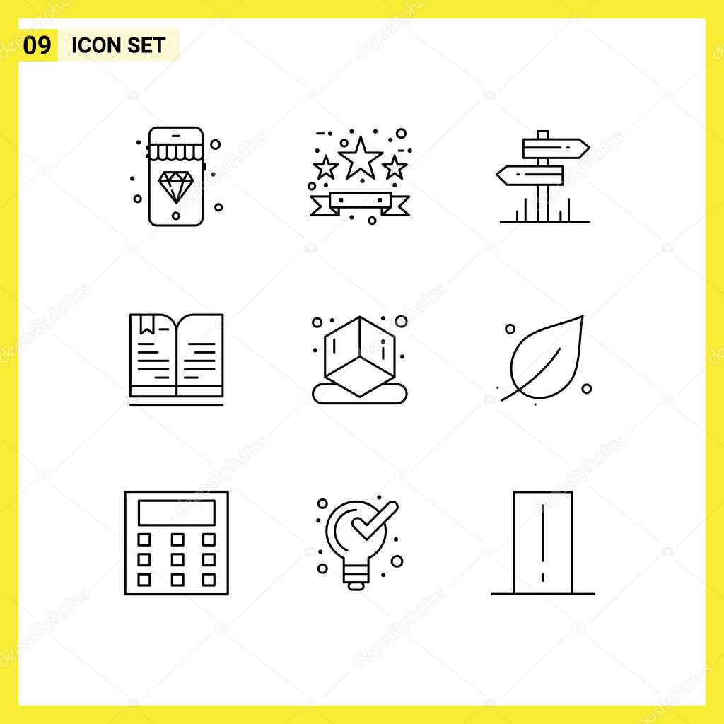 Pictogram Set of 9 Simple Outlines of shape, cube, hotel, note, book Editable Vector Design Elements