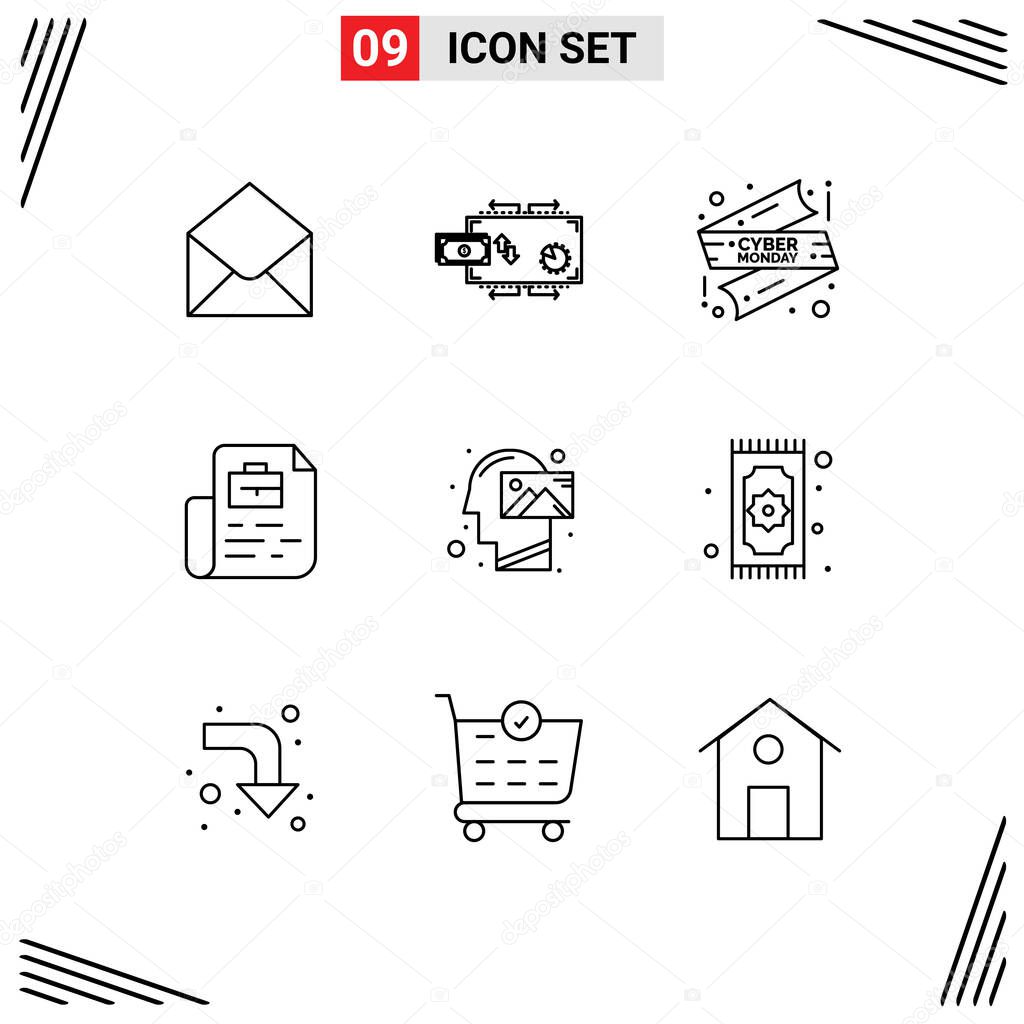 Pictogram Set of 9 Simple Outlines of human, file, payments, job, cyber monday sale Editable Vector Design Elements