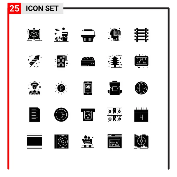 一套现代的25个固体字形和符号 如心灵 凯雷姆 推车可编辑向量设计元素 — 图库矢量图片