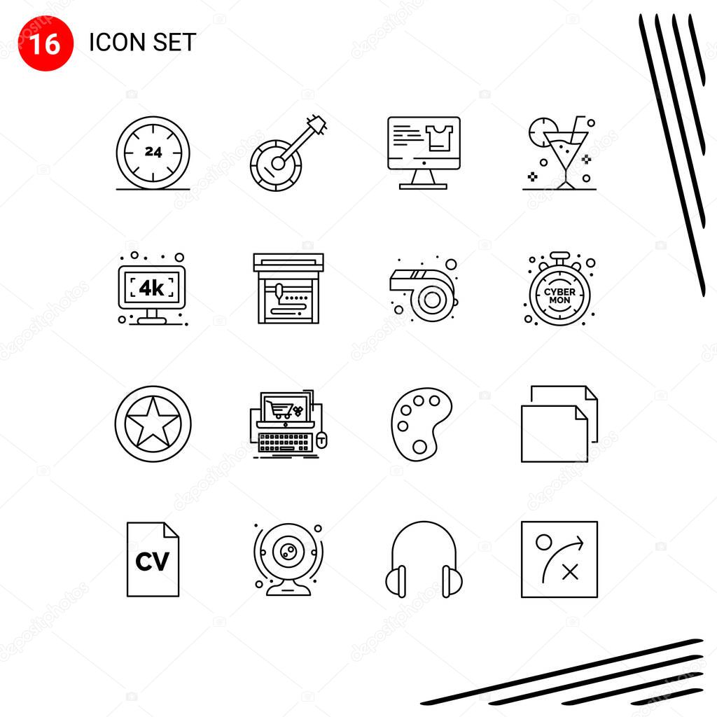 Editable Vector Line Pack of 16 Simple Outlines of drink, beverage, music, beach, monitor Editable Vector Design Elements