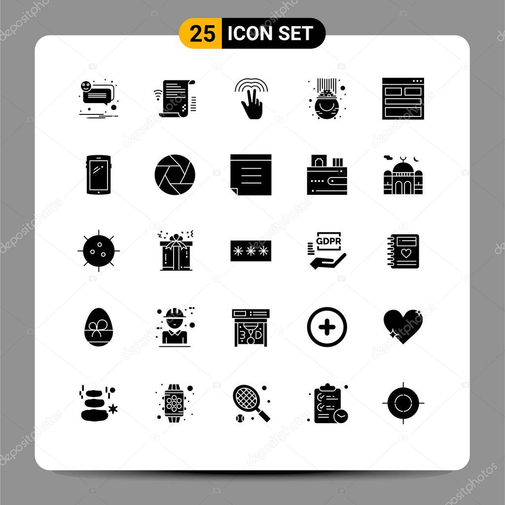 Pack of 25 Modern Solid Glyphs Signs and Symbols for Web Print Media such as pot, luck, online, gold, tab Editable Vector Design Elements