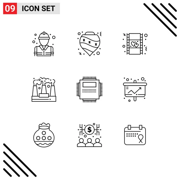Conjunto Icones Modernos Símbolos Sinais Para Processador Produção Árvore Poluição — Vetor de Stock