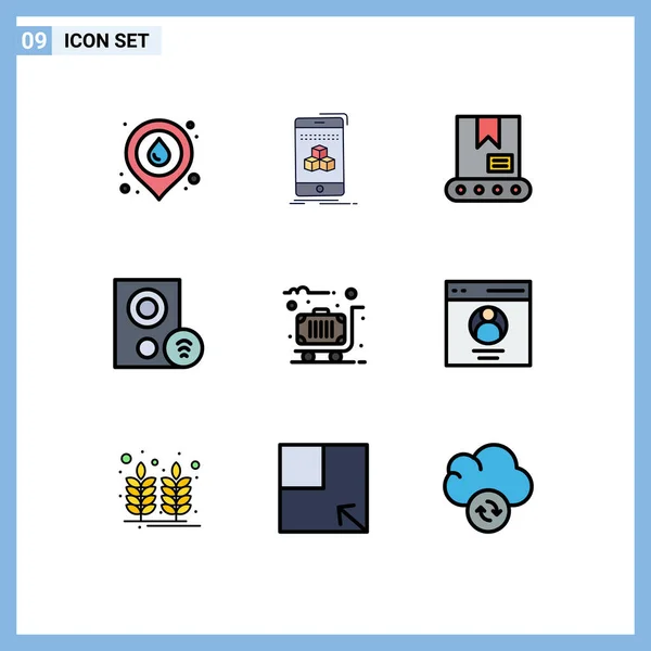 9個のモダンなUiアイコンのセットスーツケース ブルドーザー ハードウェア デバイス用の記号編集可能なベクトルデザイン要素 — ストックベクタ