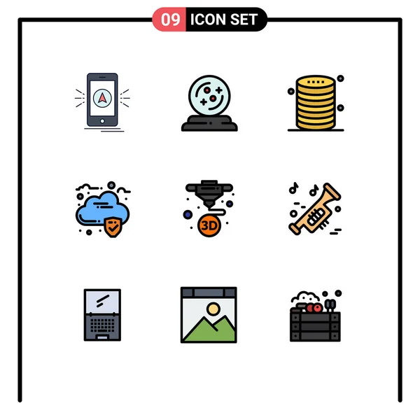 Webおよびモバイルアプリケーション用に設定された9つのユニバーサルファイルラインフラットカラー印刷 データ スペル クラウド サーバー編集可能なベクトルデザイン要素 — ストックベクタ