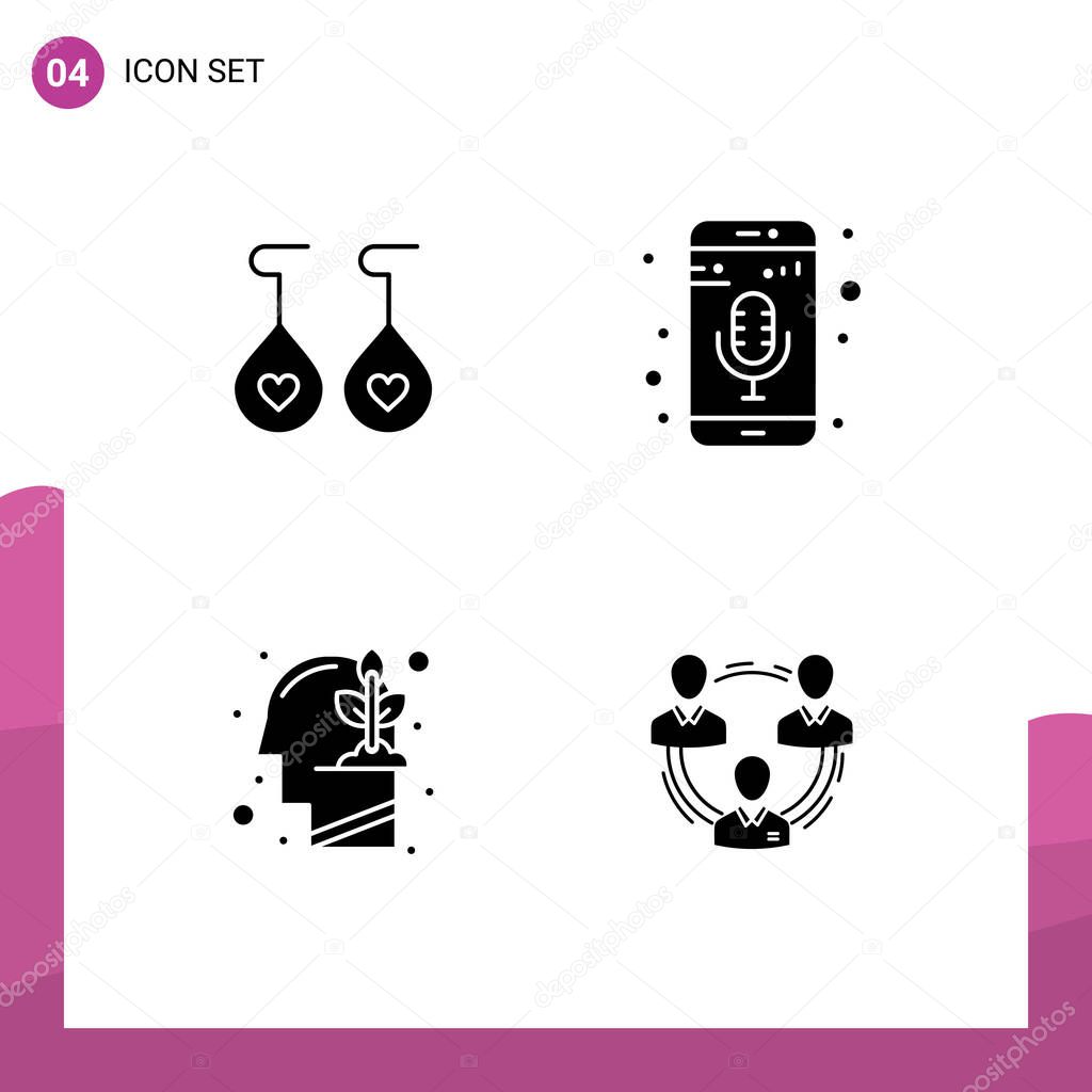 Set of 4 Vector Solid Glyphs on Grid for earing, mind, mobile app, phone recorder, team Editable Vector Design Elements