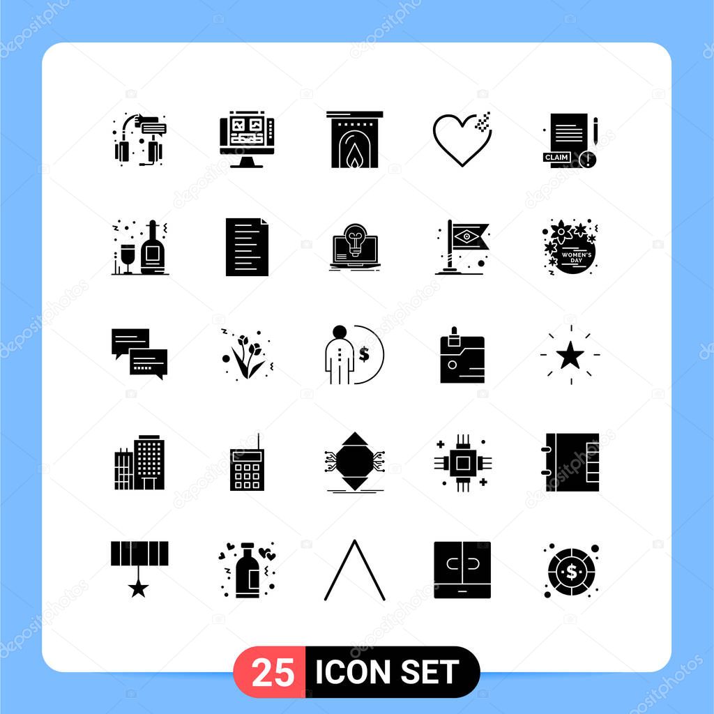 25 User Interface Solid Glyph Pack of modern Signs and Symbols of claim, medical, screen, love, heart Editable Vector Design Elements
