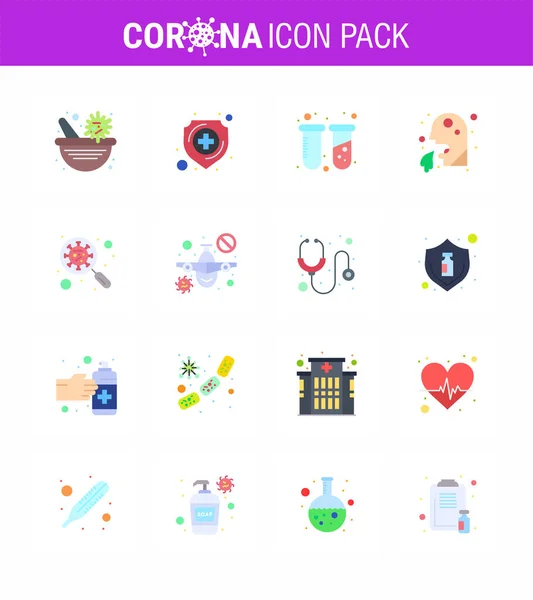 16 Flat Color Coronavirus disease and prevention vector icon scan virus, man, chemistry, healthcare, vomit viral coronavirus 2019-nov disease Vector Design Elements