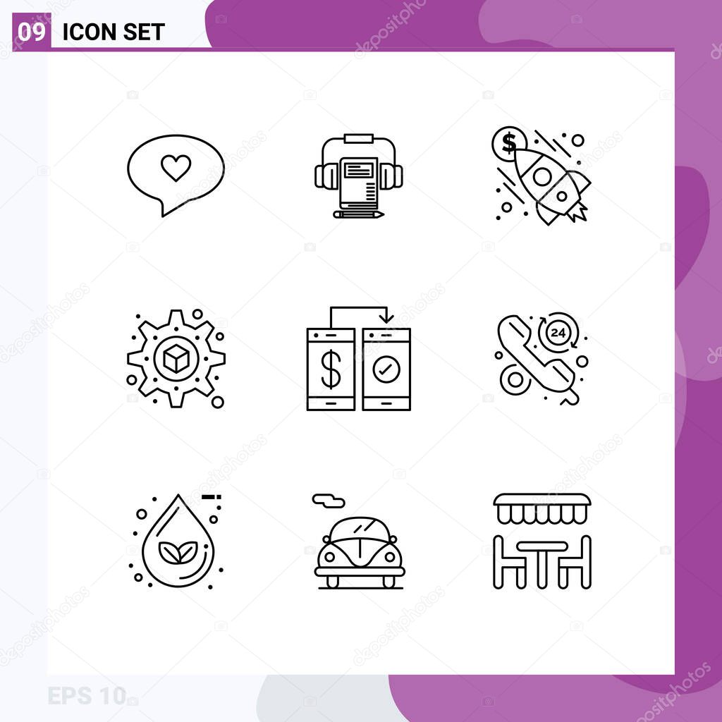 Group of 9 Outlines Signs and Symbols for wallet, mobile, launch, cashless, setting Editable Vector Design Elements
