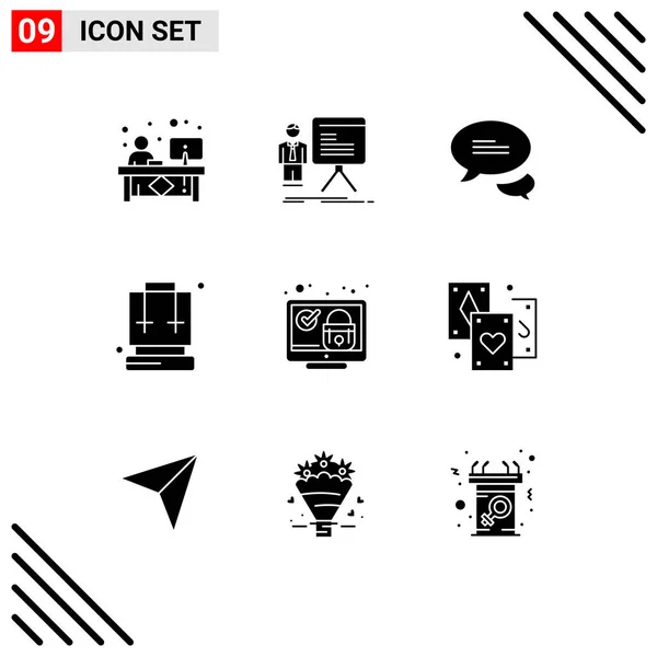 Modern Set Solid Glyphs Pictograph Lock Camping Graph Bag Texting — Stock Vector