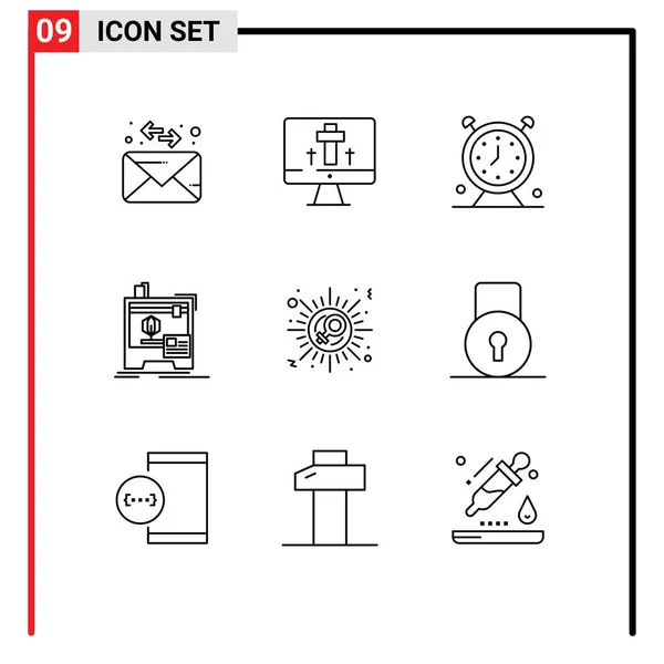 Pictogram Set Simple Outlines Sign Printing Clock Printer Dimensional Editable — Stock Vector