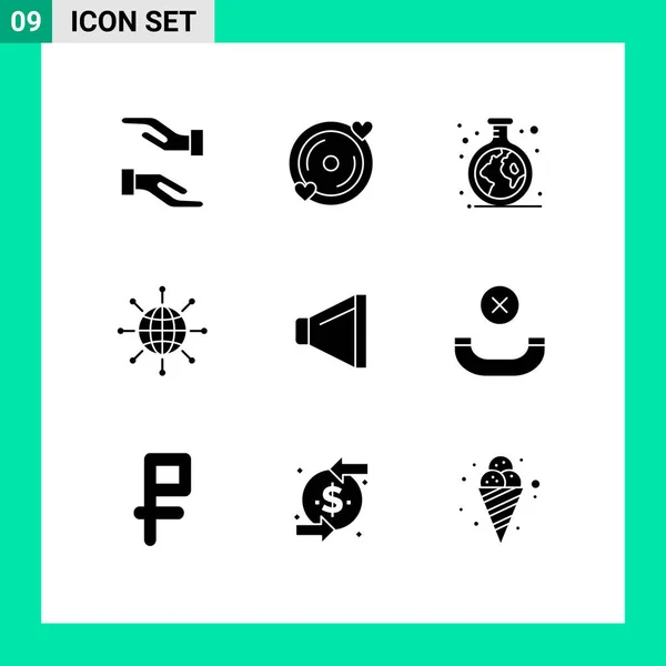 Set Commercial Solid Glyphs Pack Speaker Web Green Earth Globe — Stock Vector