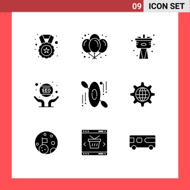 Mobil ve Uygulamalı Web siteleri kano, seo, mekanik, pazarlama, iş kurgulanabilir vektör tasarım elementleri için 9 Katı Glyph kavramı