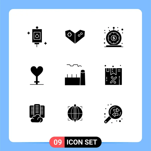 Pack Creative Solid Glyphs Cooling Tower Boiler Instant Symbol Heart — Stock Vector